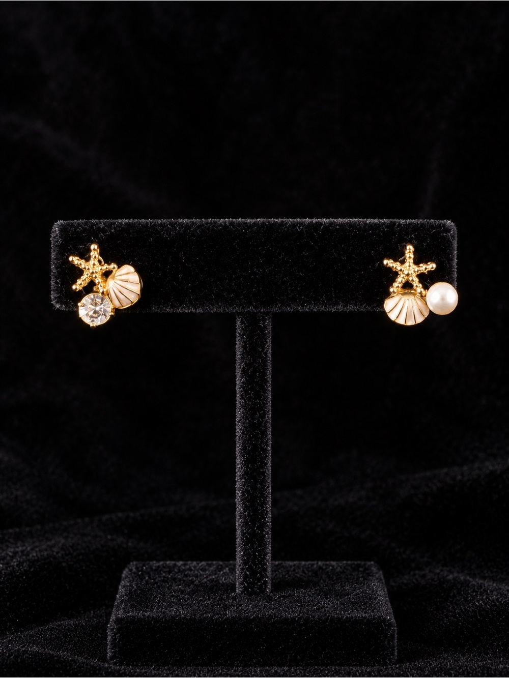Gold Starfish & Shell Mismatched Stud Earrings with Pearl and Crystal